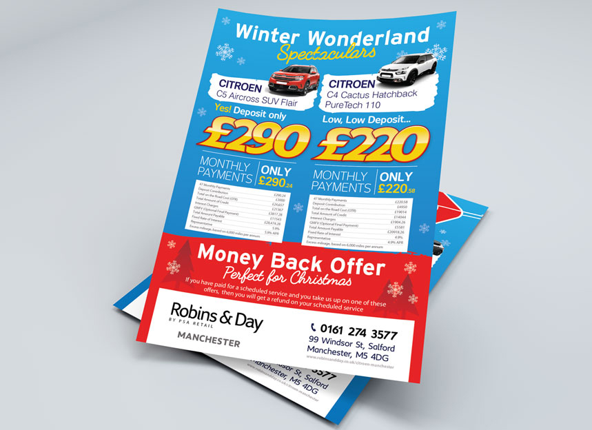 robins day peugeot flyers printing handouts by red chilli design